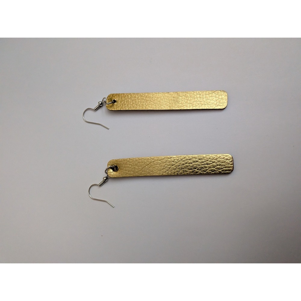 Gold Faux Leather Bar Earrings Metallic Pebbled Long Rectangle Drop Dangle